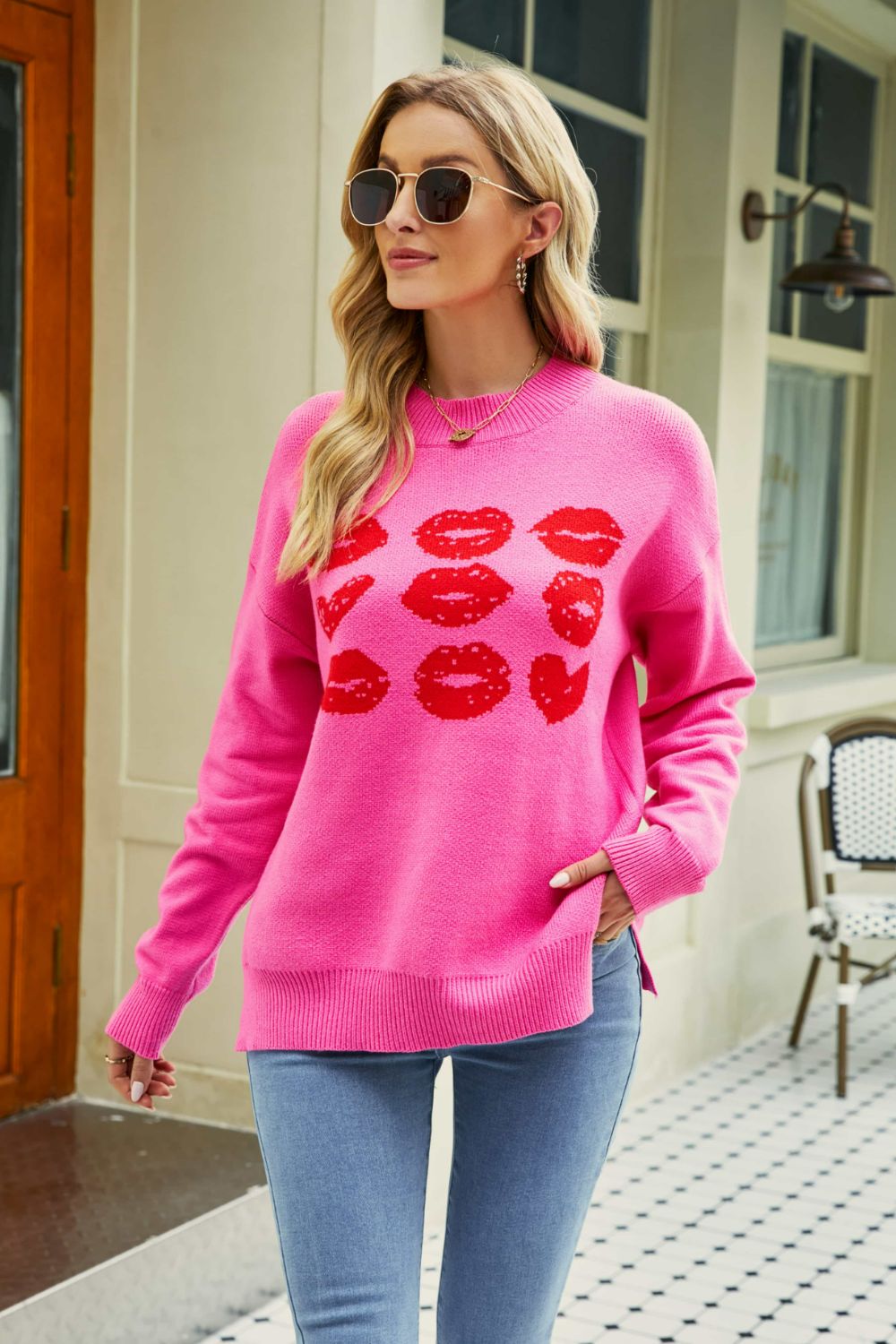 Buy Lip Graphic Slit Dropped Shoulder Sweater by Faz