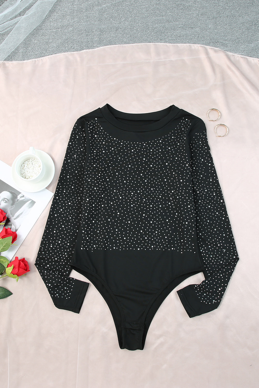 Buy Rhinestone Round Neck Long Sleeve Bodysuit by Faz