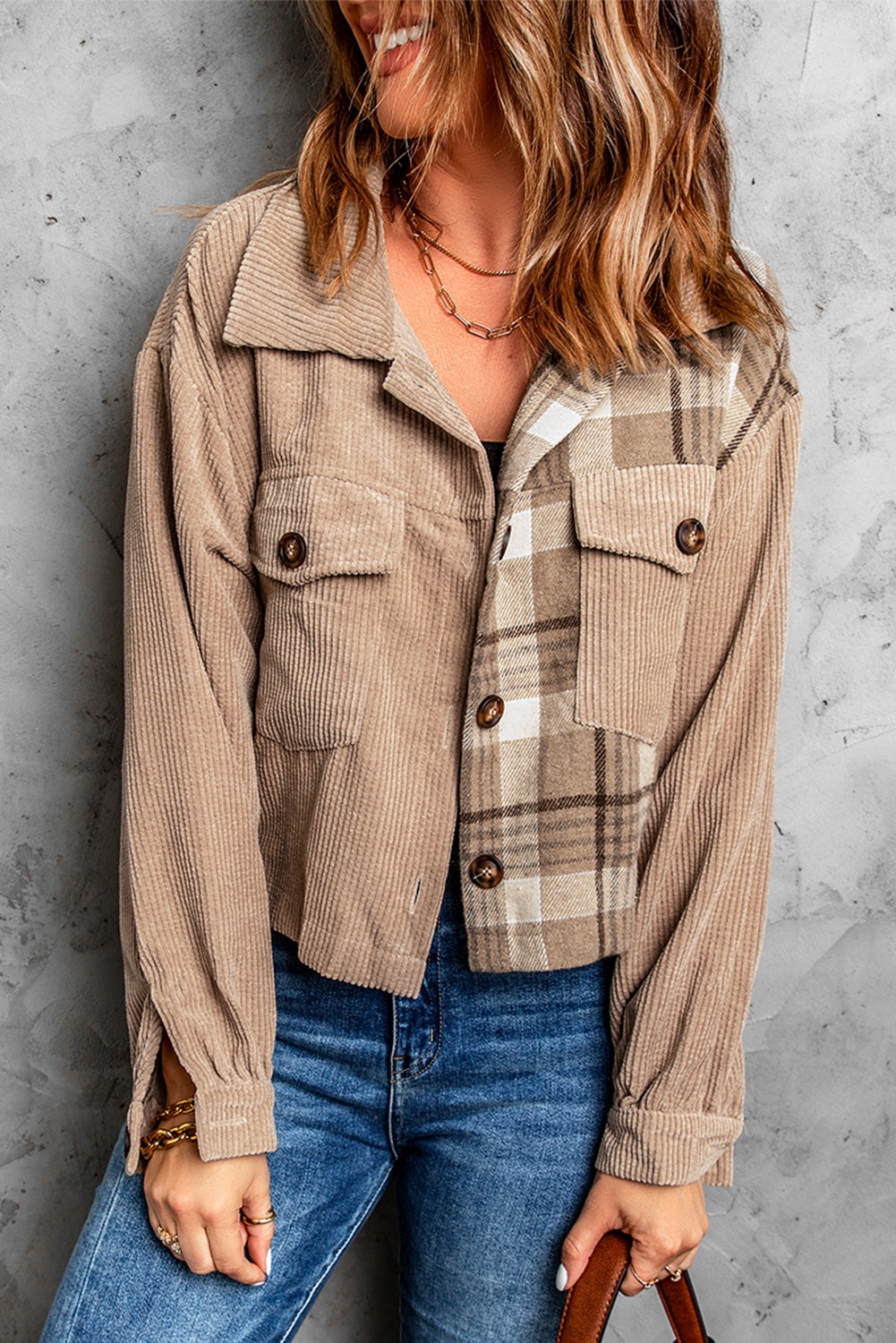 Buy Plaid Corduroy Dropped Shoulder Jacket by Faz