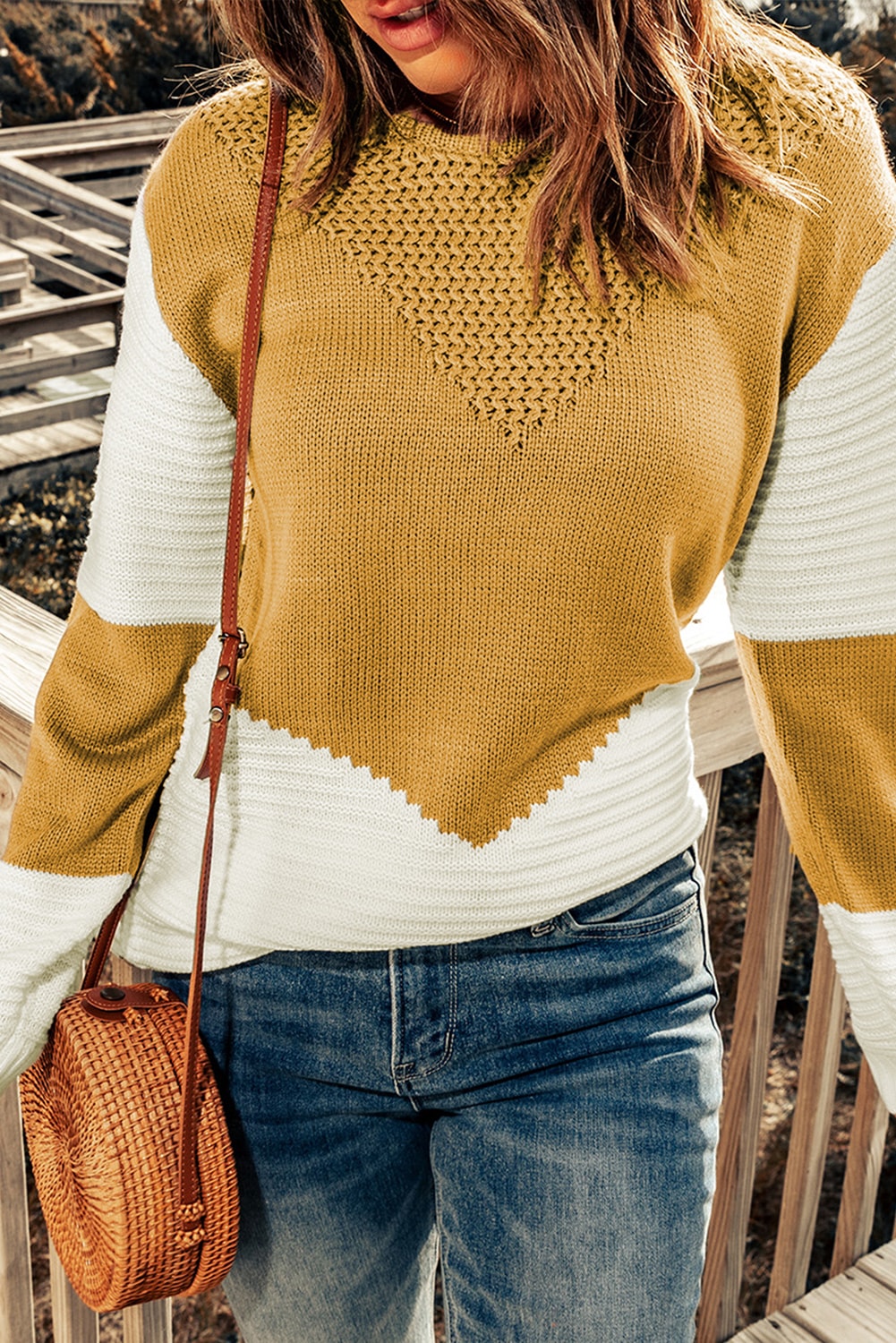 Buy Two-Tone Openwork Rib-Knit Sweater by Faz
