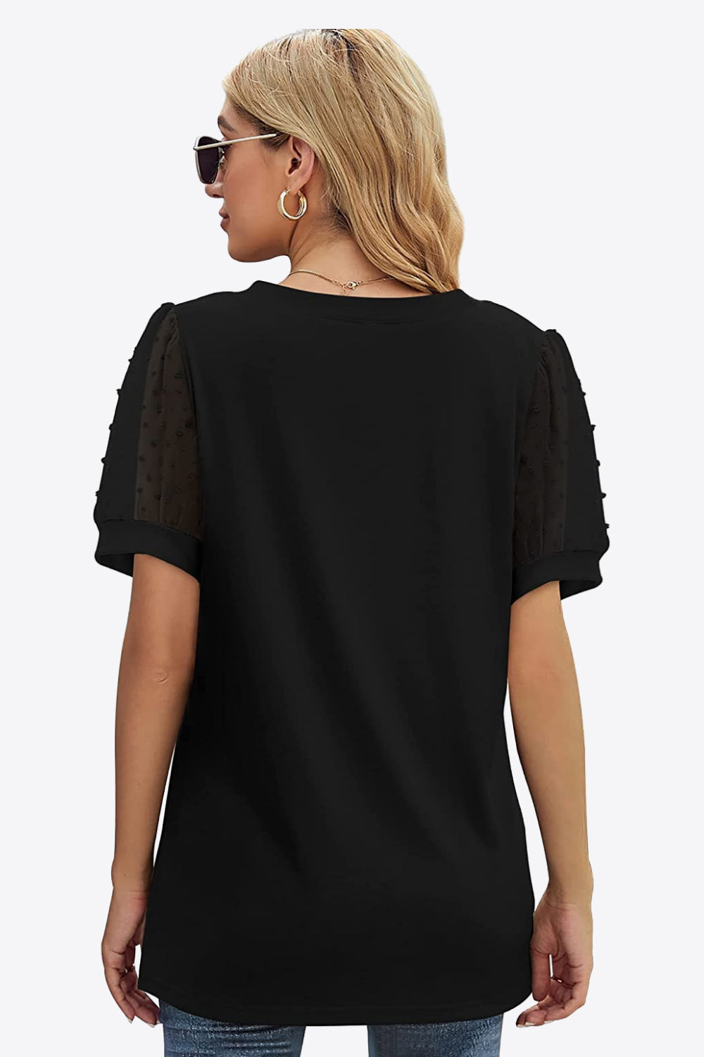 Buy Swiss Dot Puff Sleeve V-Neck Tee by Faz