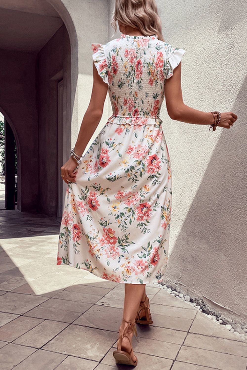 Buy Floral Smocked Butterfly Sleeve Slit Dress by Hundredth