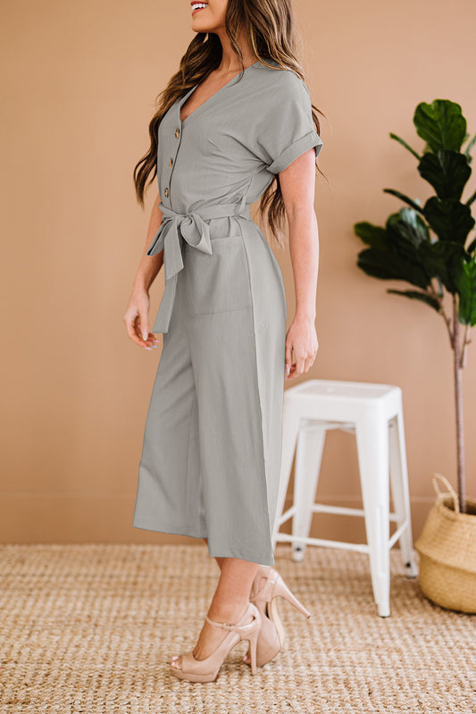 Buy Button Front Belted Cropped Jumpsuit with Pockets by Faz