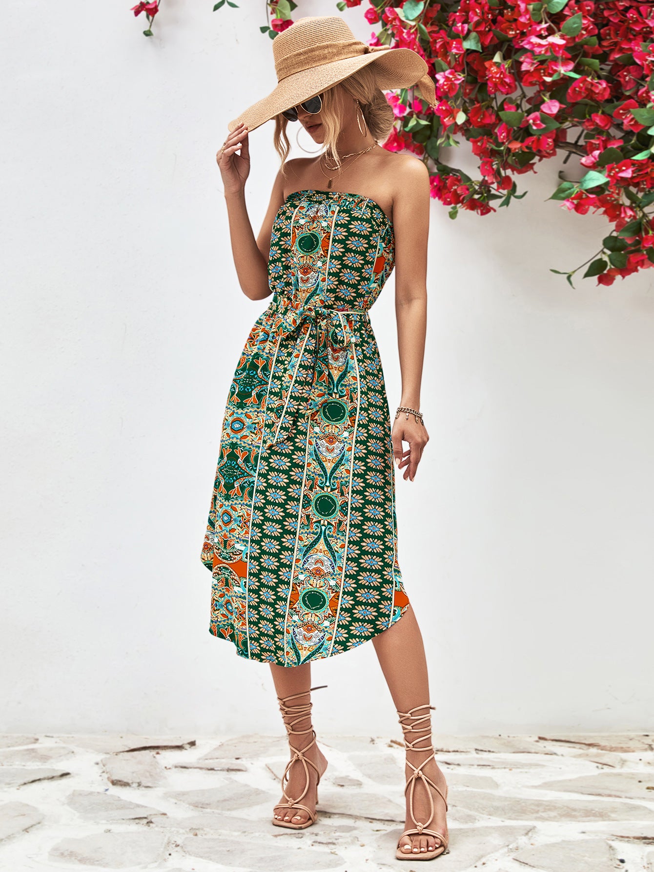 Buy Printed Strapless Tie Belt Dress by YO