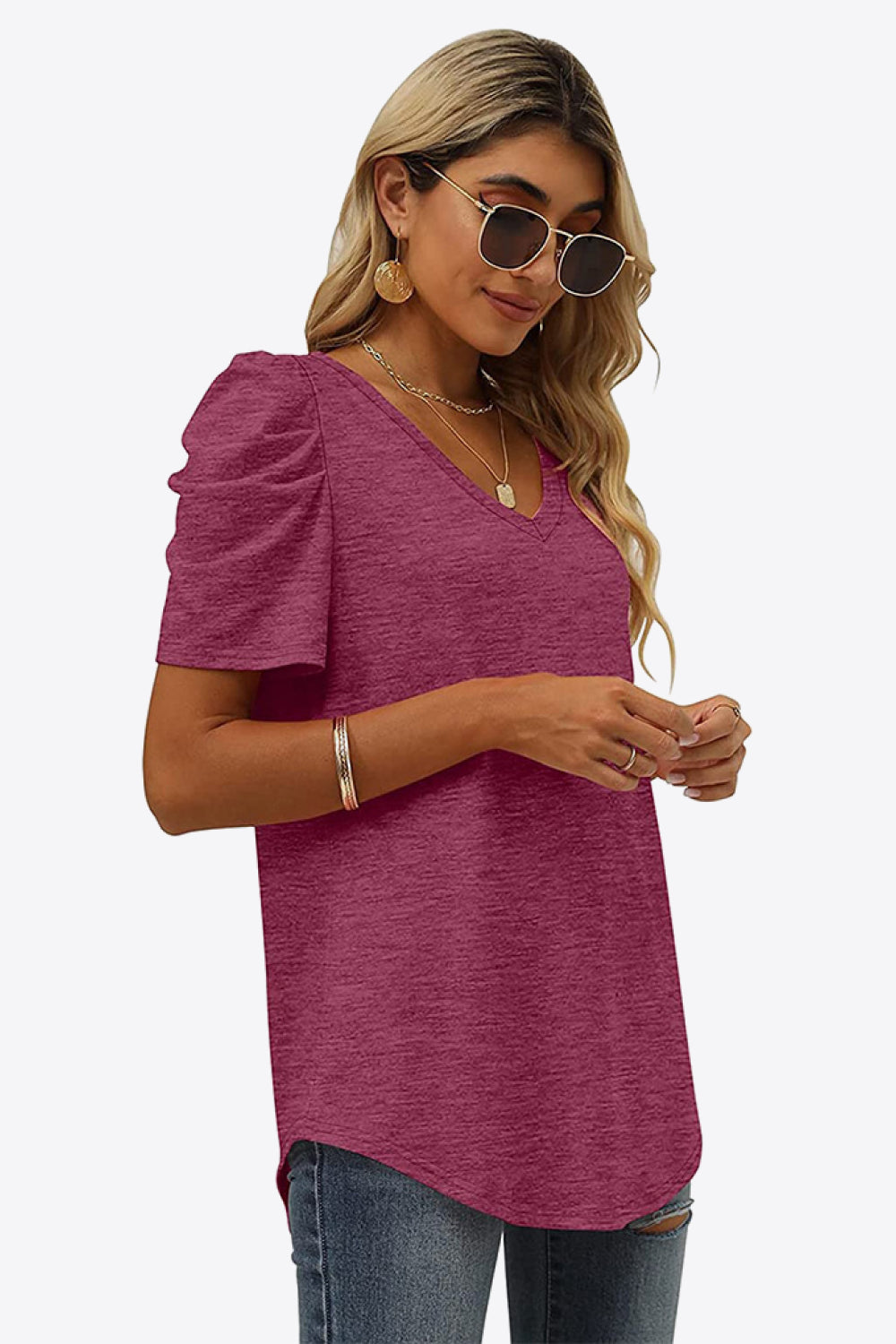 Buy V-Neck Puff Sleeve Tee by Faz