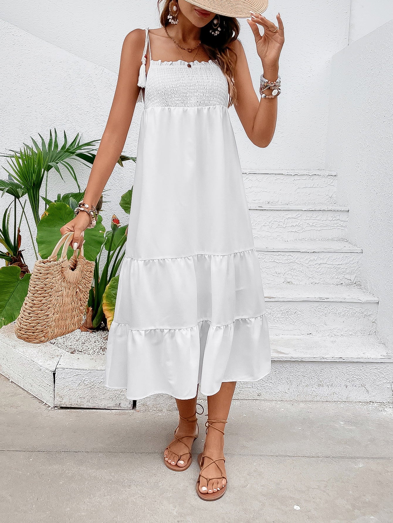 Tie-Shoulder Smocked Tiered Midi Dress