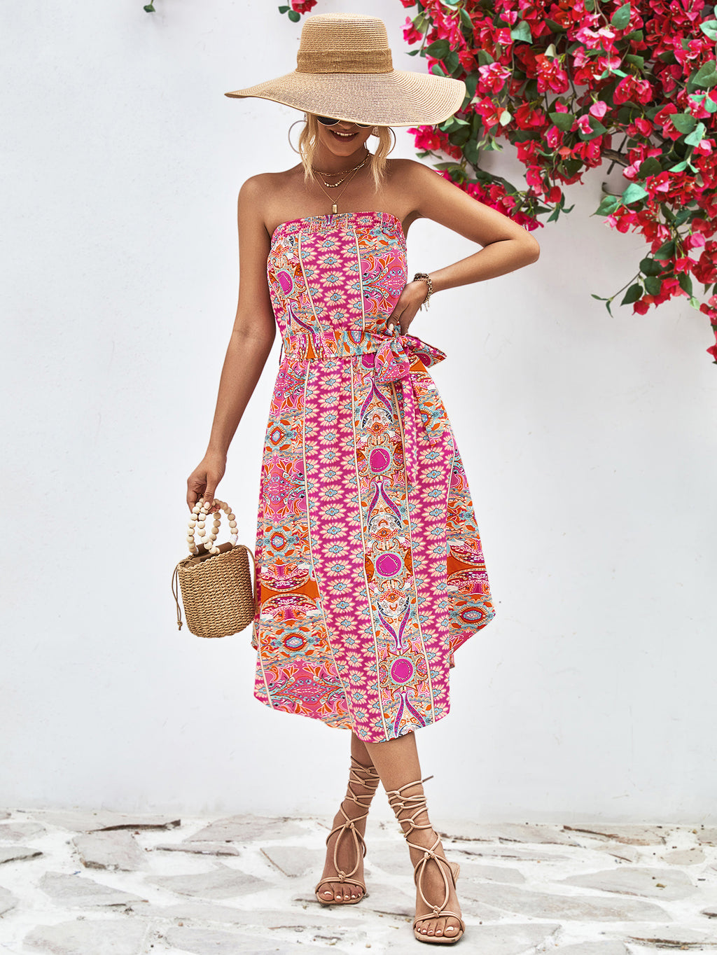 Buy Printed Strapless Tie Belt Dress by YO
