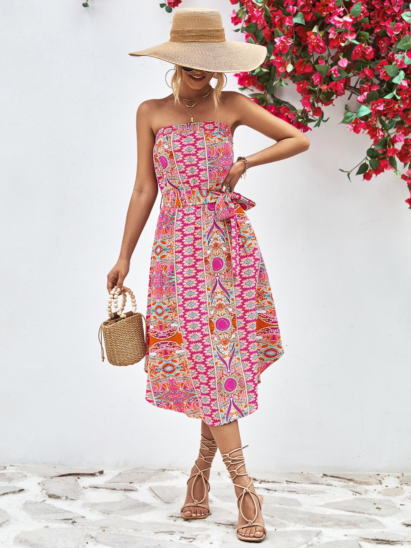 Buy Printed Strapless Tie Belt Dress by YO