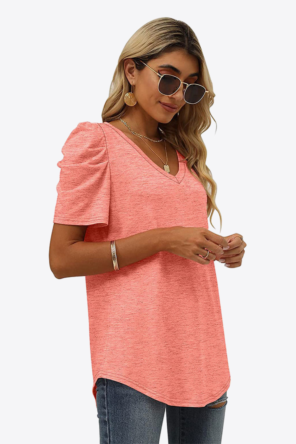 Buy V-Neck Puff Sleeve Tee by Faz