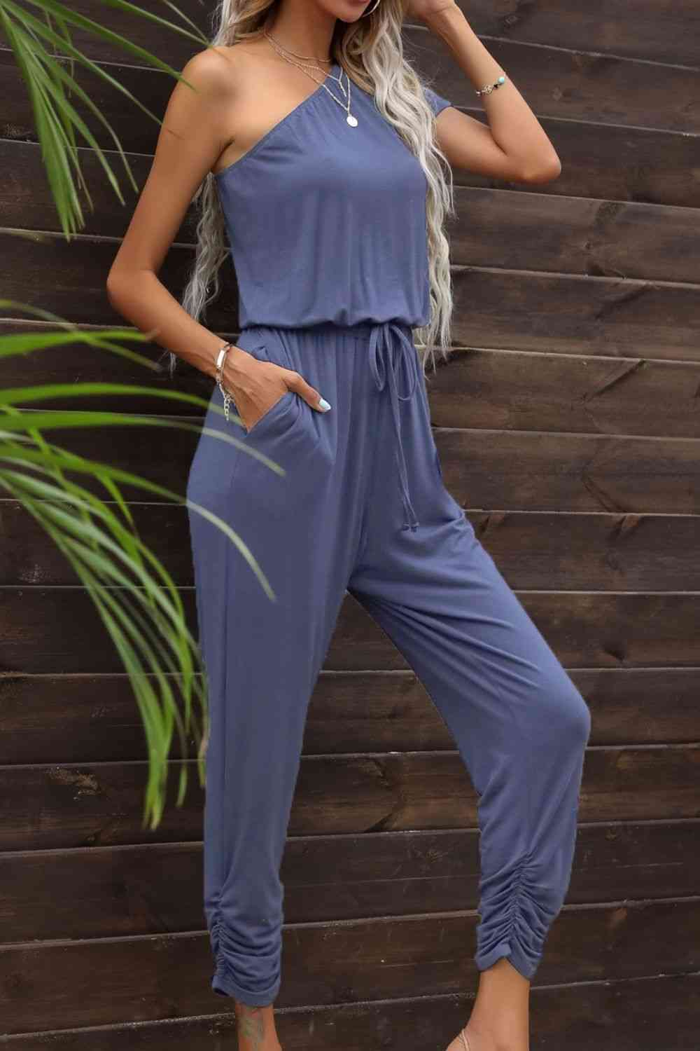 Buy Drawstring Waist One-Shoulder Jumpsuit with Pockets by Putica