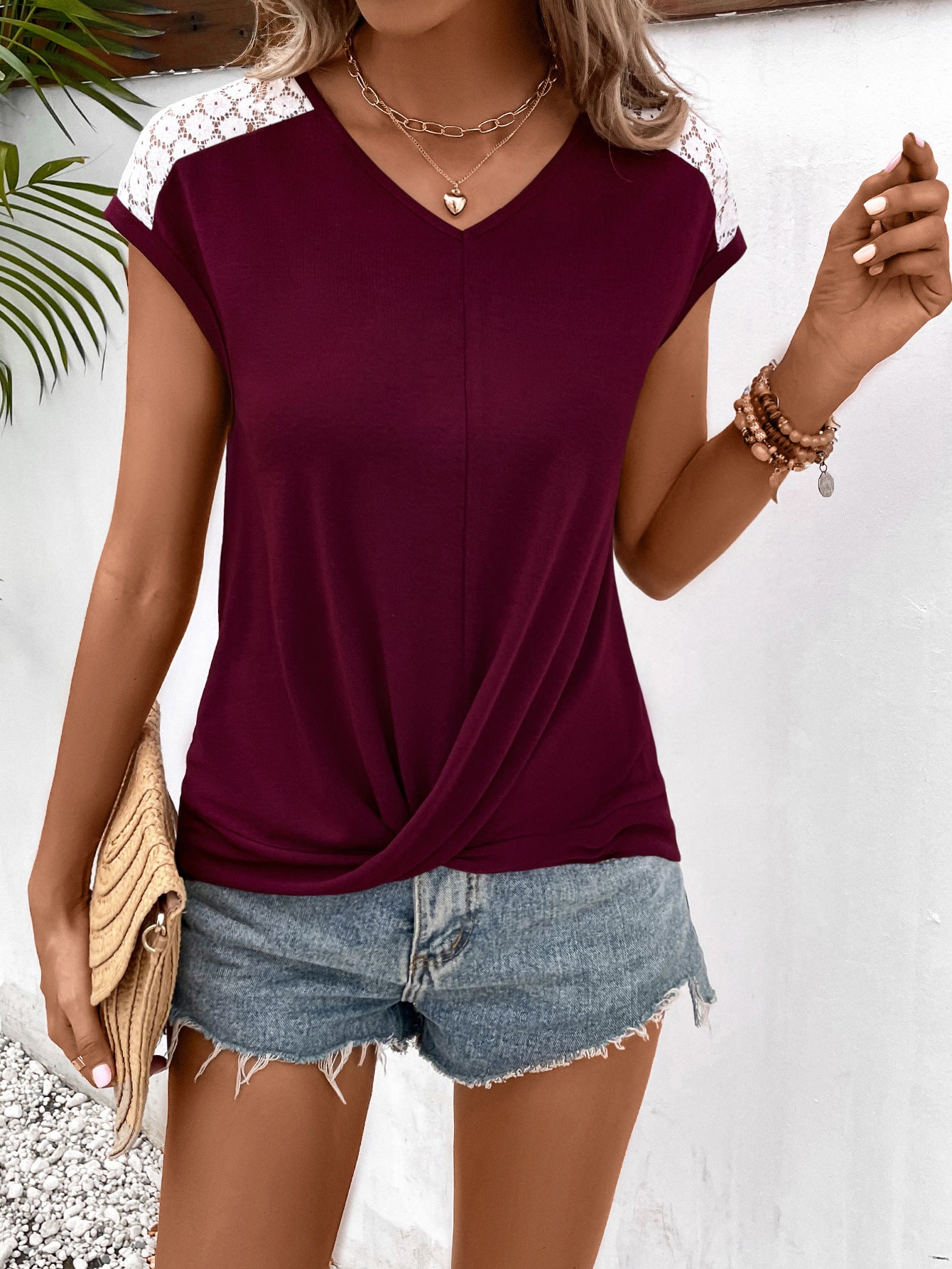 Buy Spliced Lace V-Neck Twisted Hem Tee by Faz