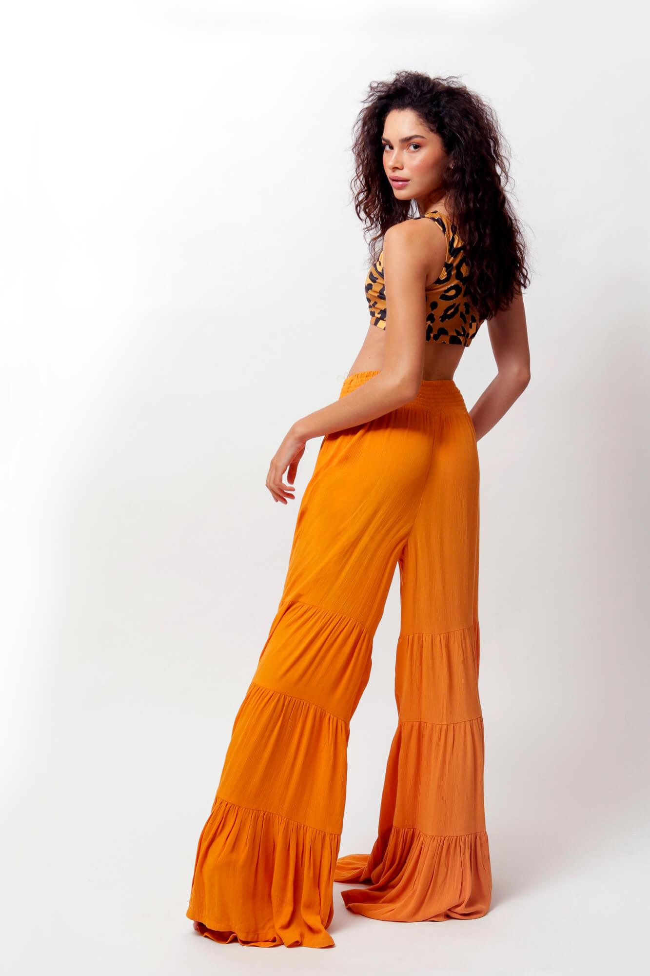 Buy Mustard Milos Wide Leg Tiered Pants by LUVMEMORE