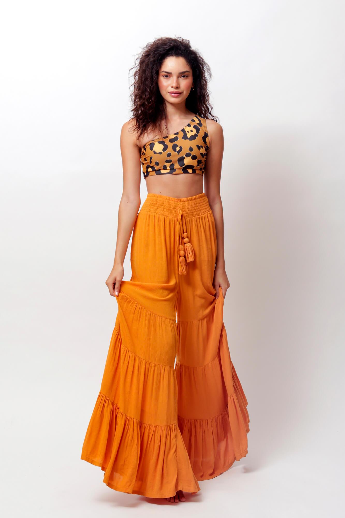 Buy Mustard Milos Wide Leg Tiered Pants by LUVMEMORE