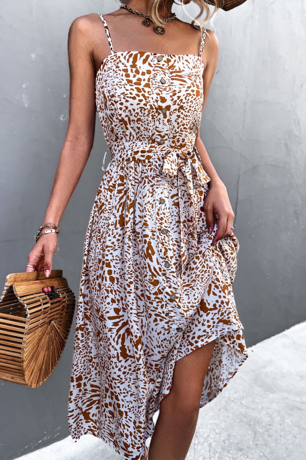 Buy Printed Spaghetti Strap Decorative Button Belted Dress by YO