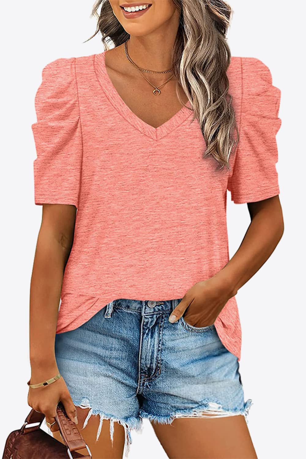 Buy V-Neck Puff Sleeve Tee by Faz