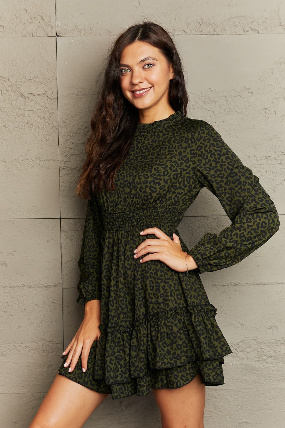 Buy Leopard Smock Waist Long Sleeve Dress by Hanny