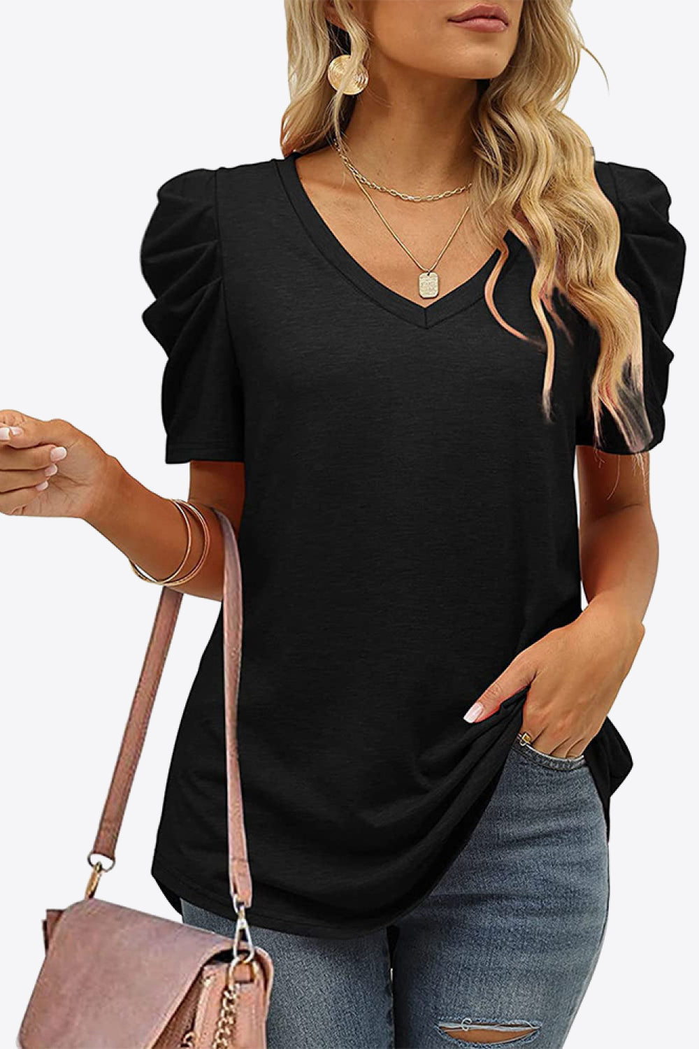 Buy V-Neck Puff Sleeve Tee by Faz