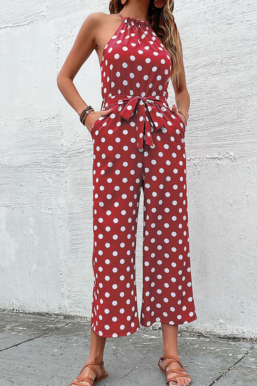 Buy Polka Dot Grecian Wide Leg Jumpsuit by Faz