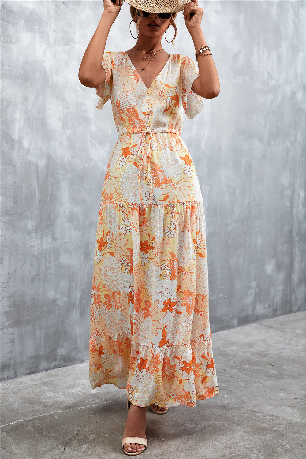 Buy Floral Buttoned Drawstring Waist Tiered Dress by Faz