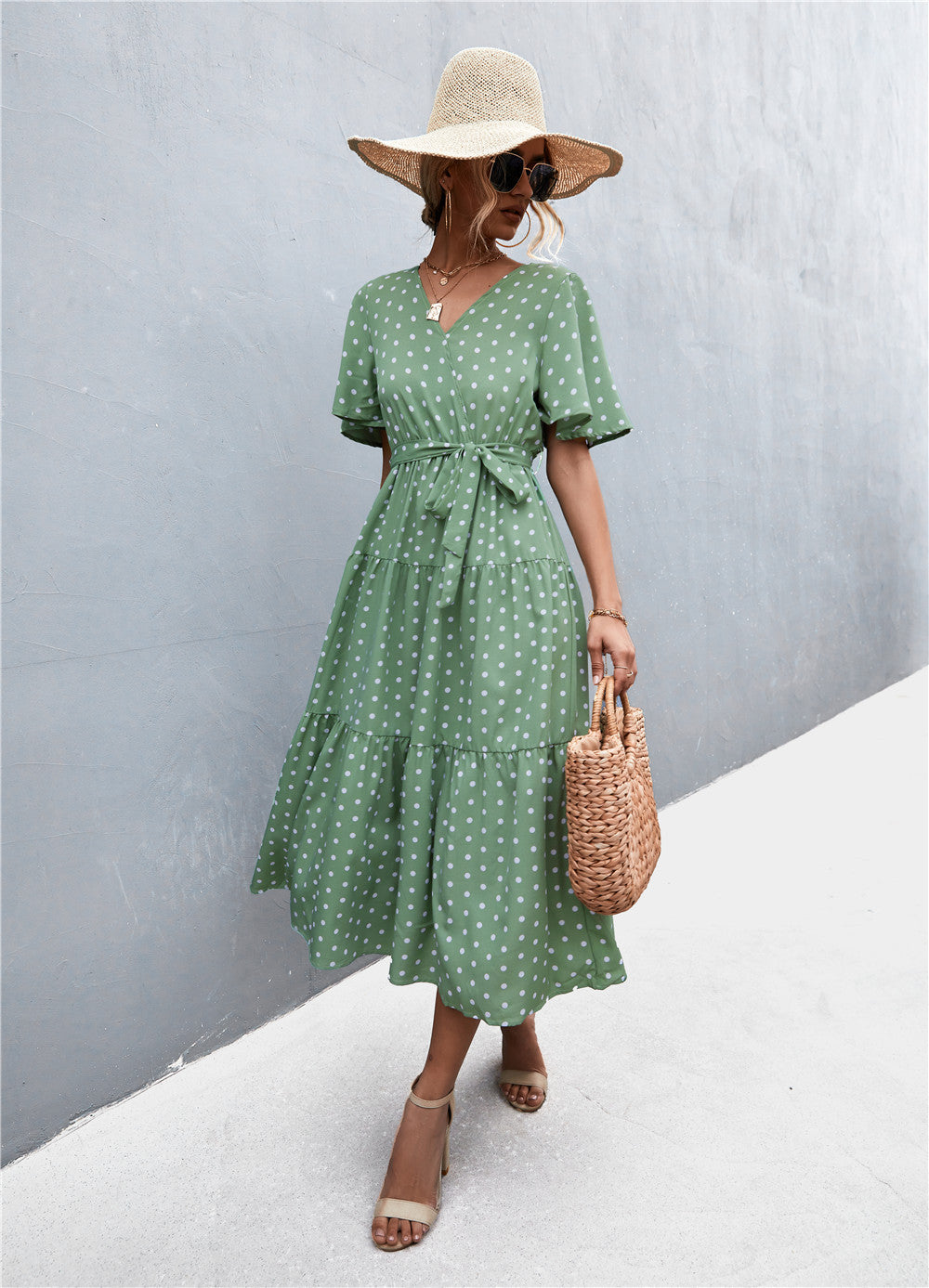 Buy Printed V-Neck Flutter Sleeve Belted Dress by YO