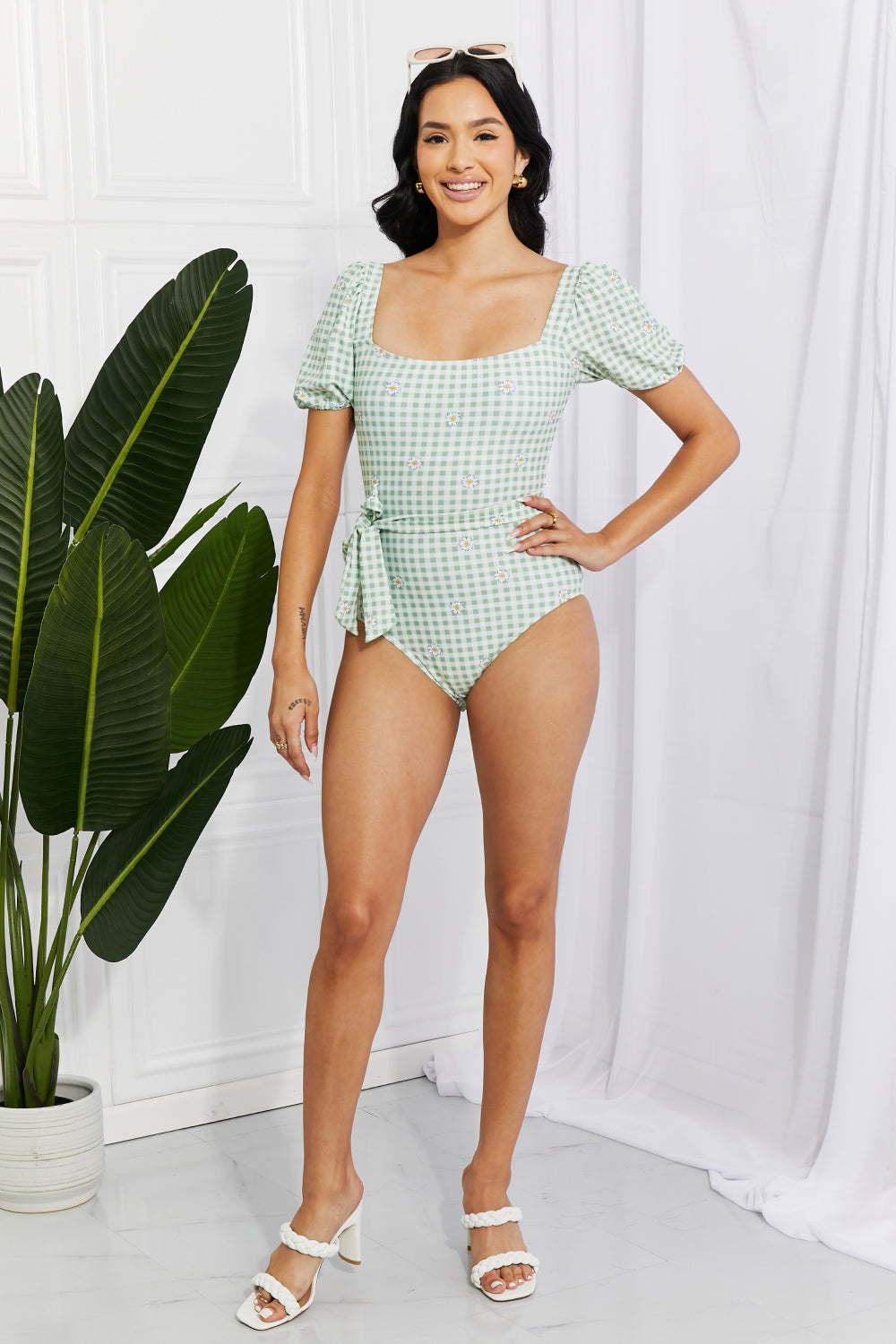 Buy Salty Air Puff Sleeve One-Piece in Sage by Marina West Swim