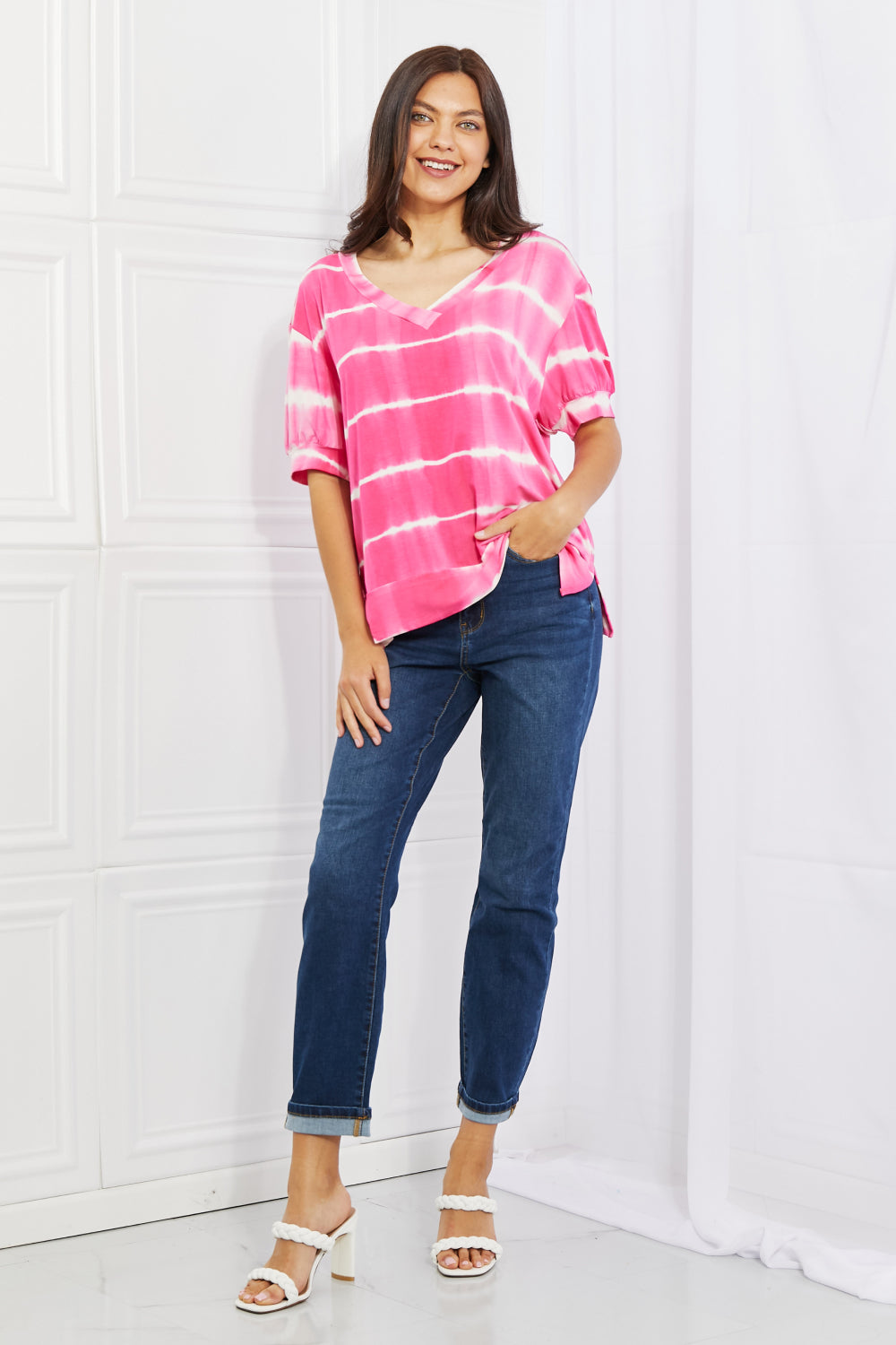 Buy Full Size Oversized Fit V-Neck Striped Top by Yelete