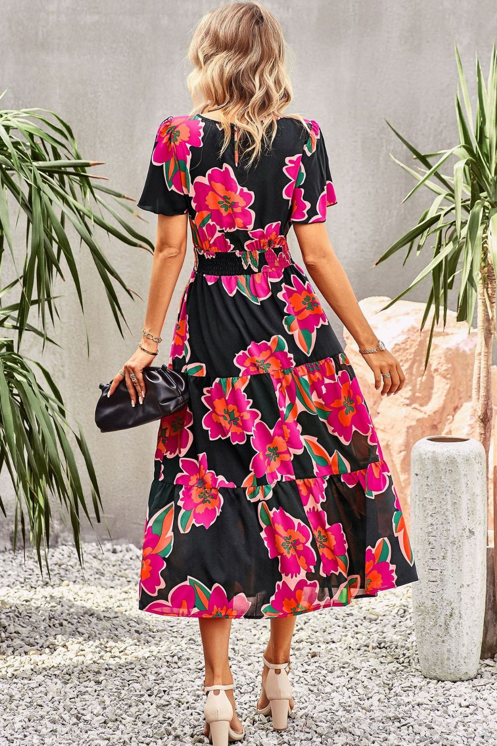 Floral Puff Sleeve Tiered Midi Dress