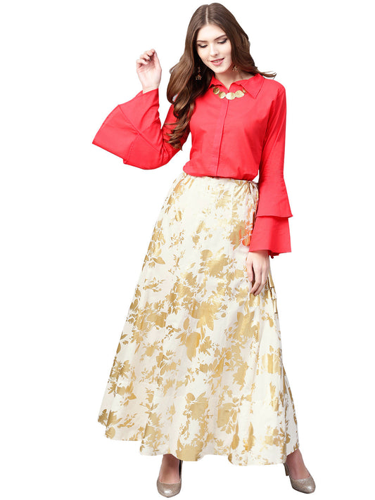 Ahalyaa Indowestern Red Shirt With Off White & Gold Skirt Set