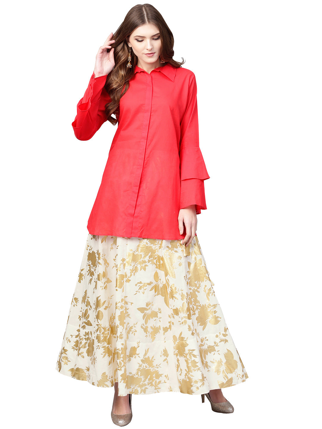 Ahalyaa Indowestern Red Shirt With Off White & Gold Skirt Set