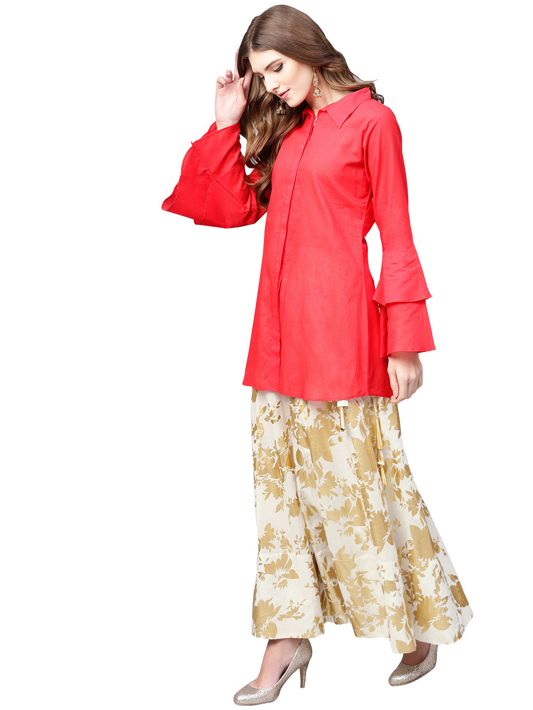 Buy Ahalyaa Indowestern Red Shirt With Off White & Gold Skirt Set by Distacart