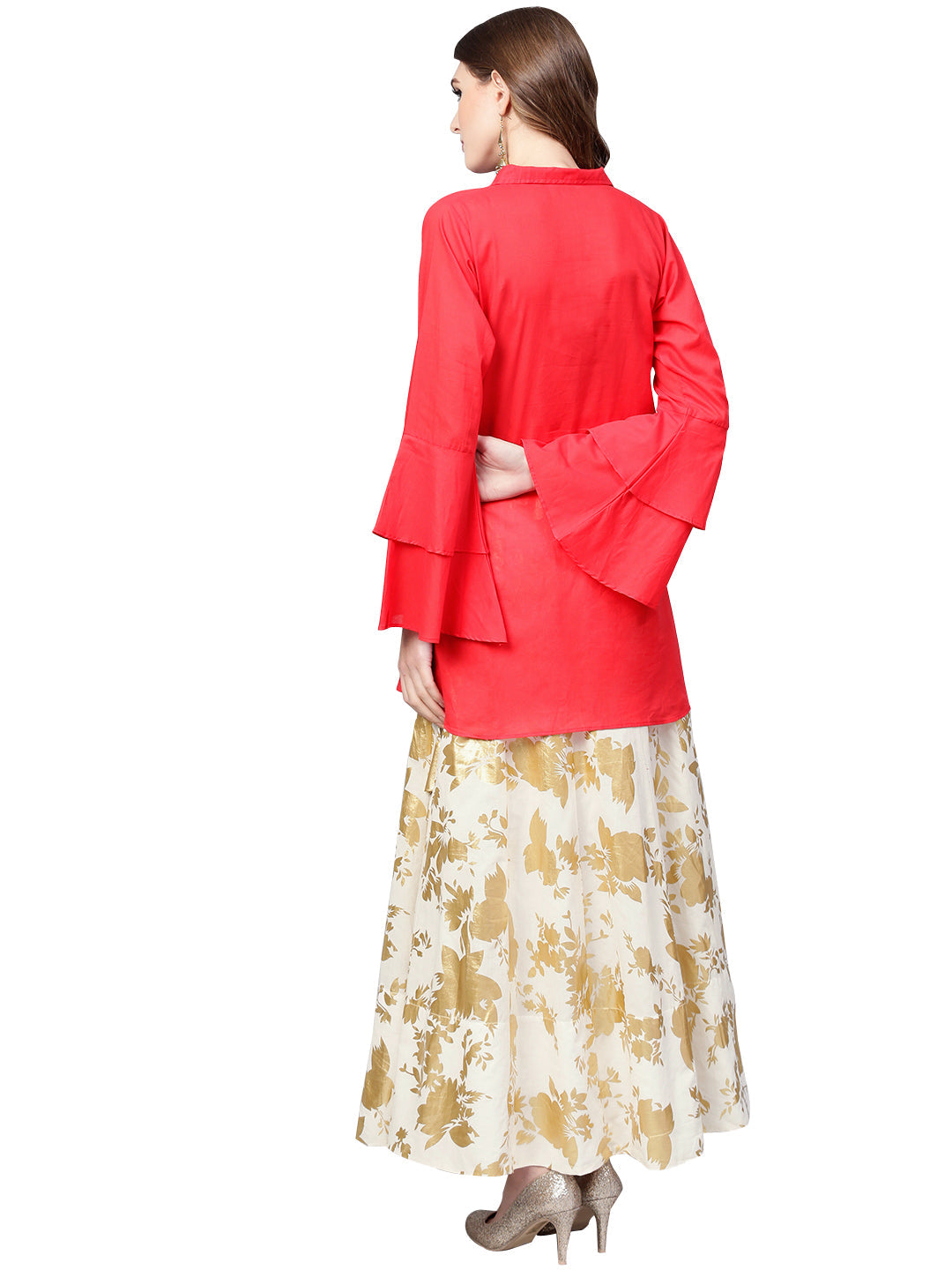 Buy Ahalyaa Indowestern Red Shirt With Off White & Gold Skirt Set by Distacart