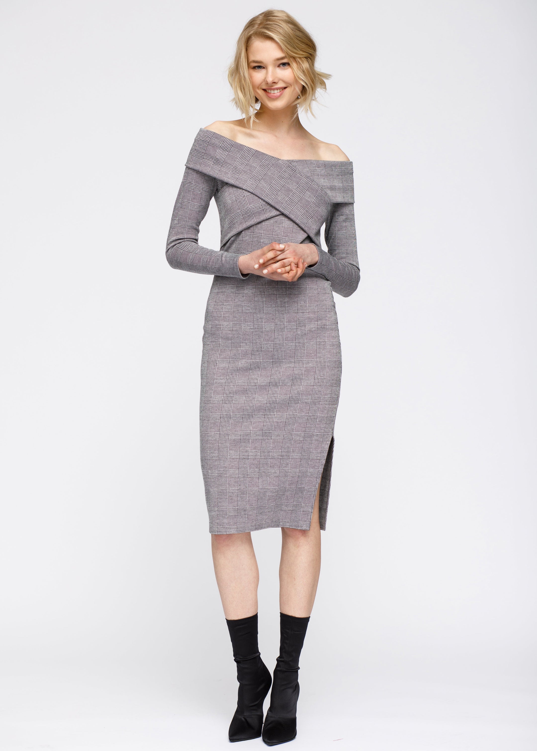 Glen Plaid Off Shoulder Crisscross Dress In Grey Black