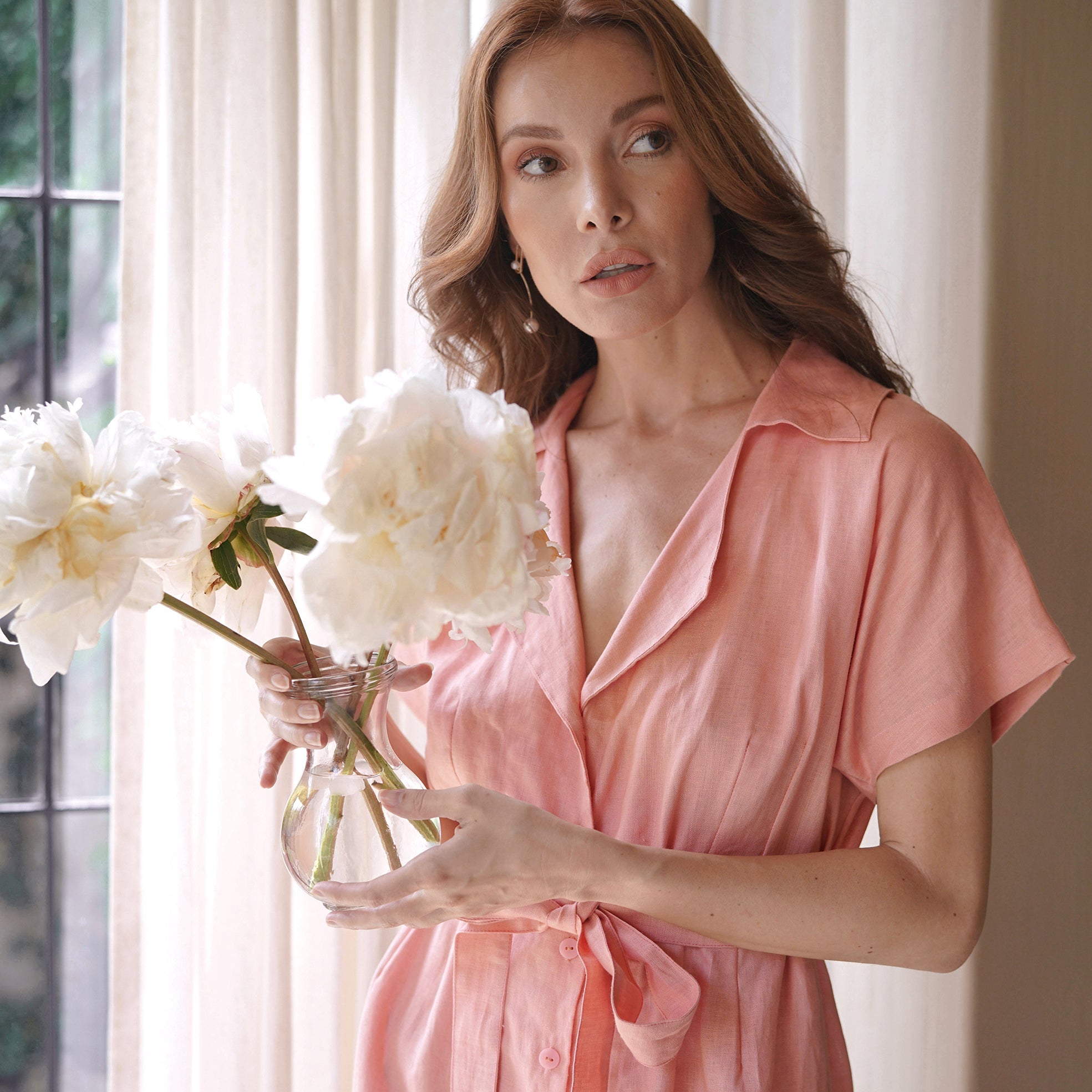 Buy ARYA Safari Linen Midi Dress, in Salmon Pink by BrunnaCo