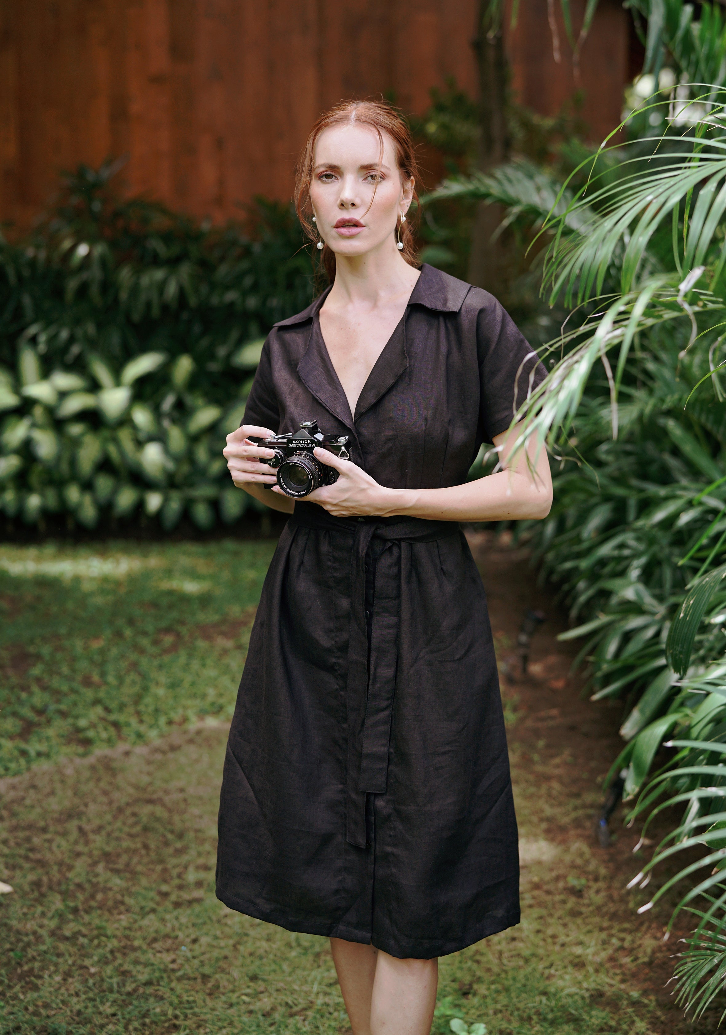Buy ARYA Safari Linen Midi Dress, in Black by BrunnaCo