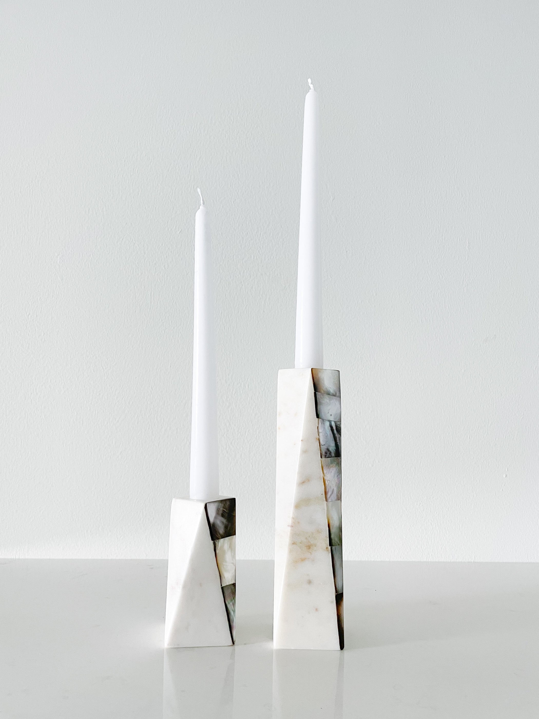 Buy White Marble Grey Mother of Pearl Candle Holders by Anaya by Anaya