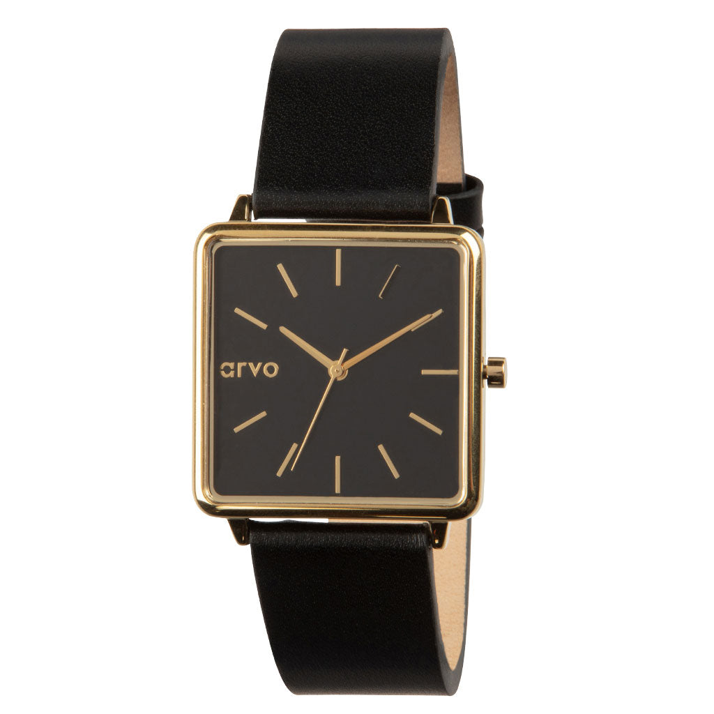 Arvo Time Squared Watch - Black Dial, Black Leather