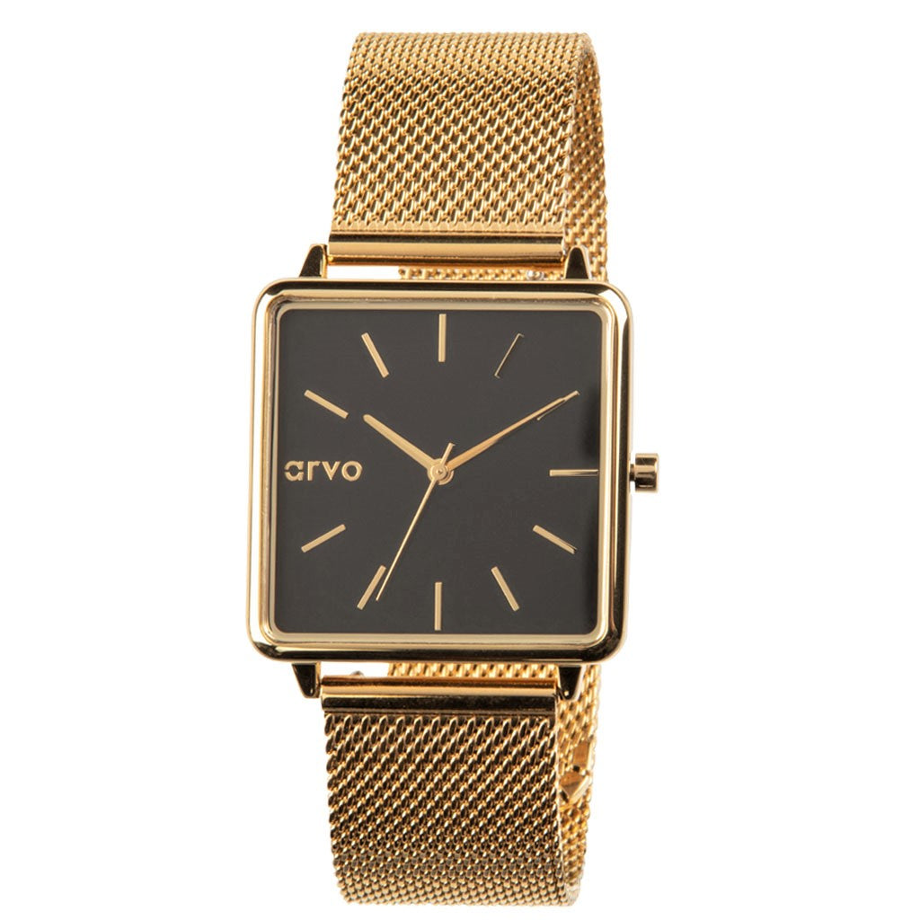 Arvo Time Squared Watch - Black Dial, Gold Mesh