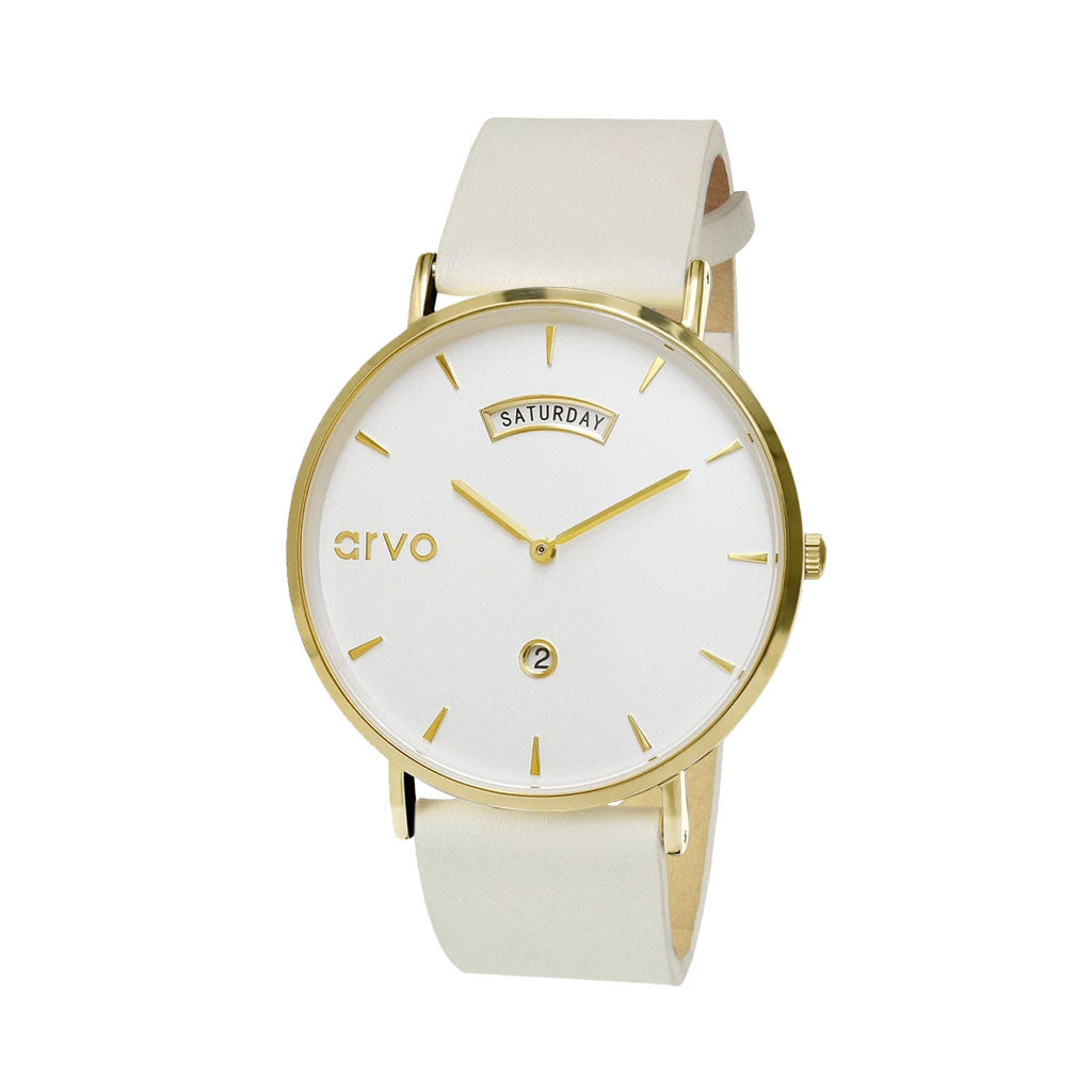 Buy Awristacrat Watch - Gold - White Leather Band by Arvo