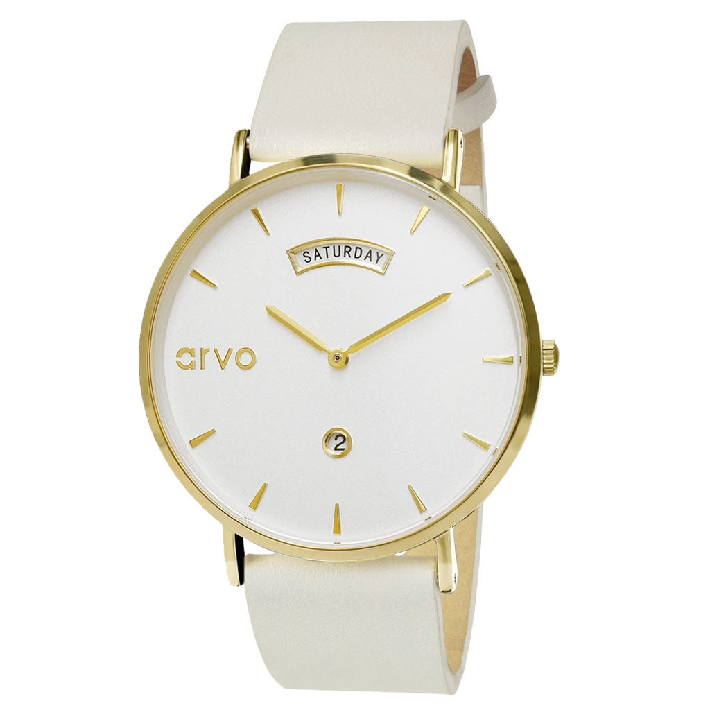Buy Awristacrat Watch - Gold - White Leather Band by Arvo