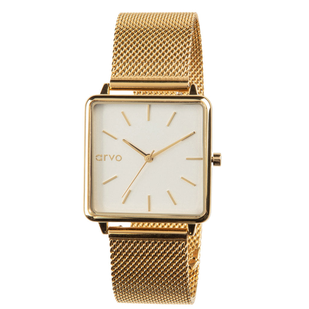 Arvo Time Squared Watch - White Dial, Gold Mesh