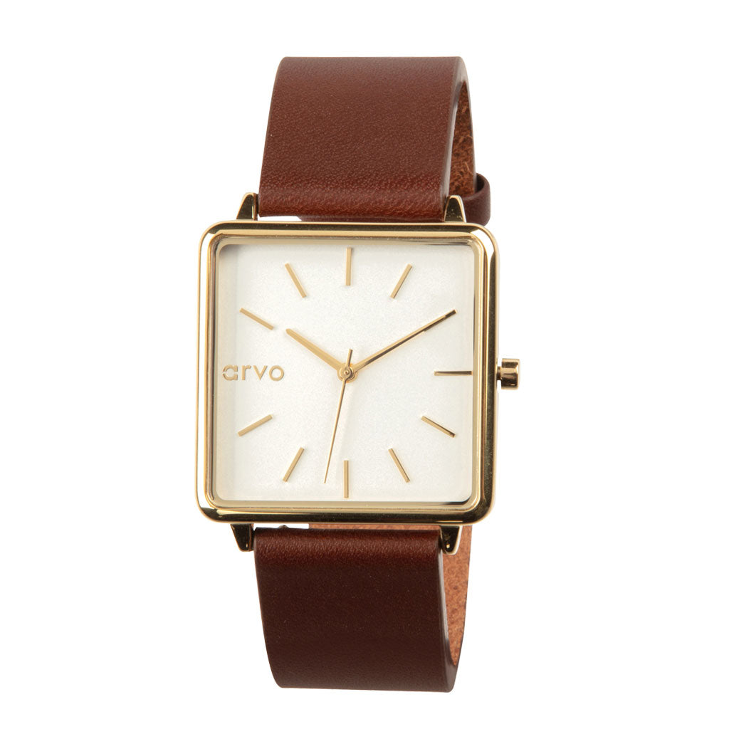 Arvo Time Squared Watch - Gold - Saddle Leather
