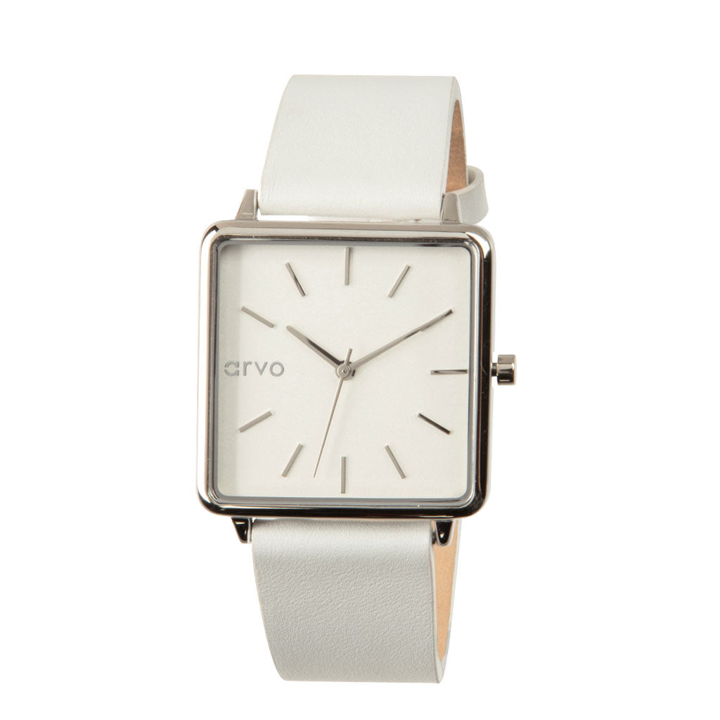 Arvo Time Squared Watch - Silver - White Leather