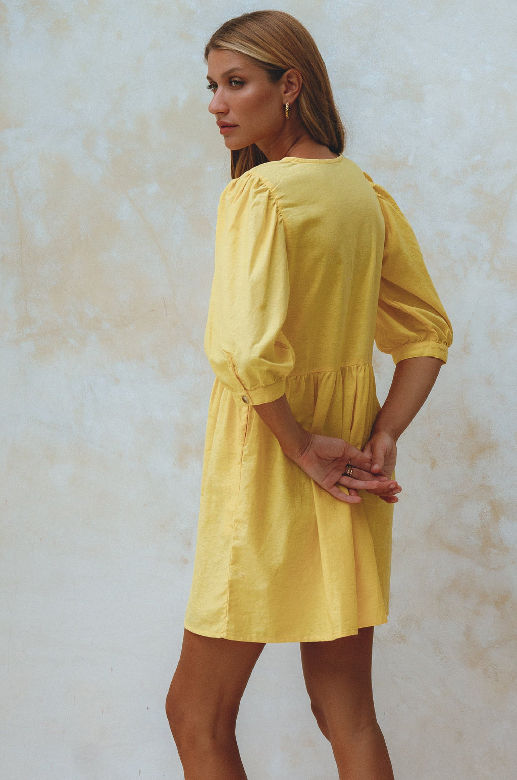 Buy Beatrice Puff Sleeve Linen Mini Dress by Bali ELF