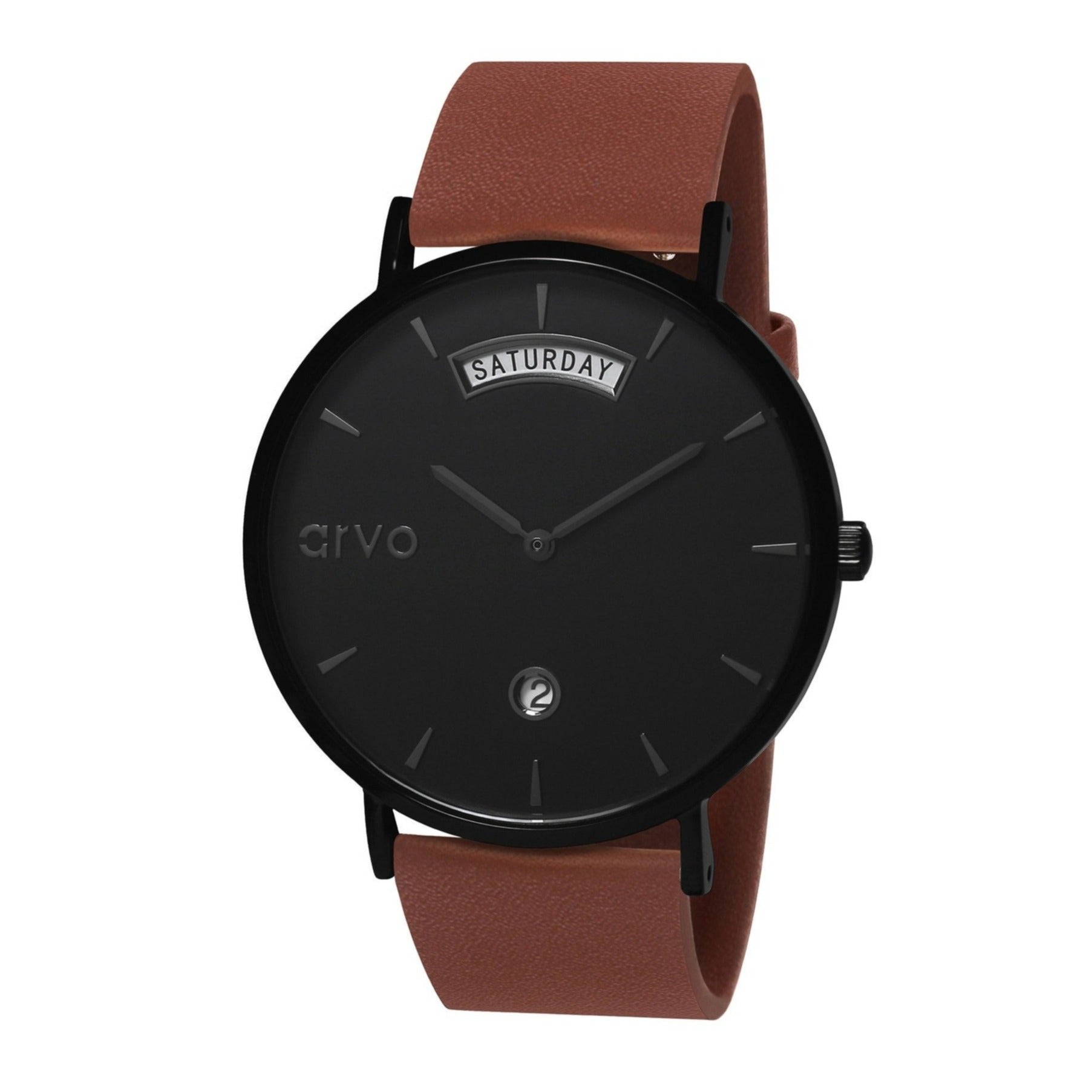 Arvo Black Awristacrat Watch - Mahogany Leather