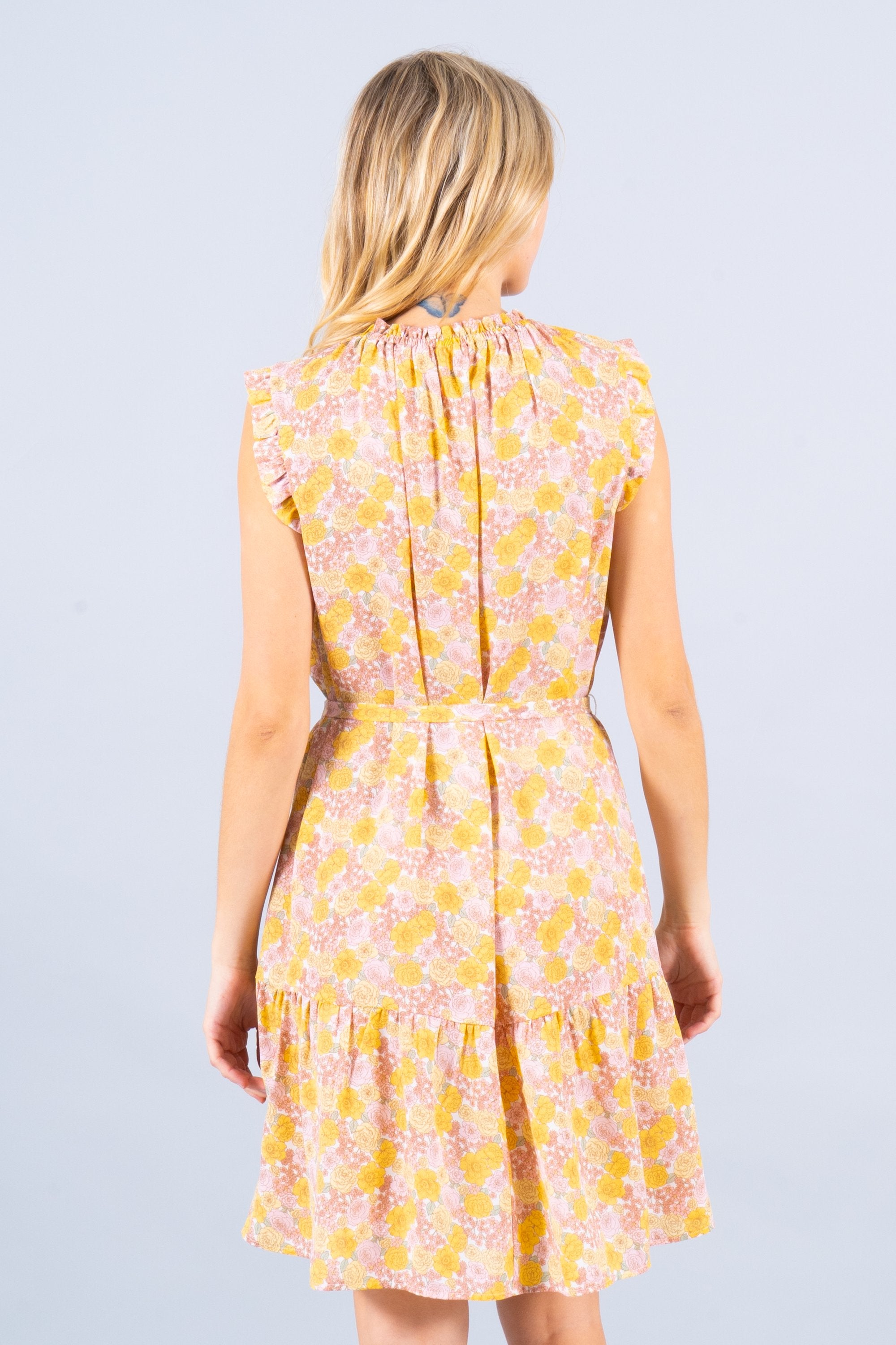 Buy Floral Print Sleeveless Dress with Tie by Tan Hephaestus