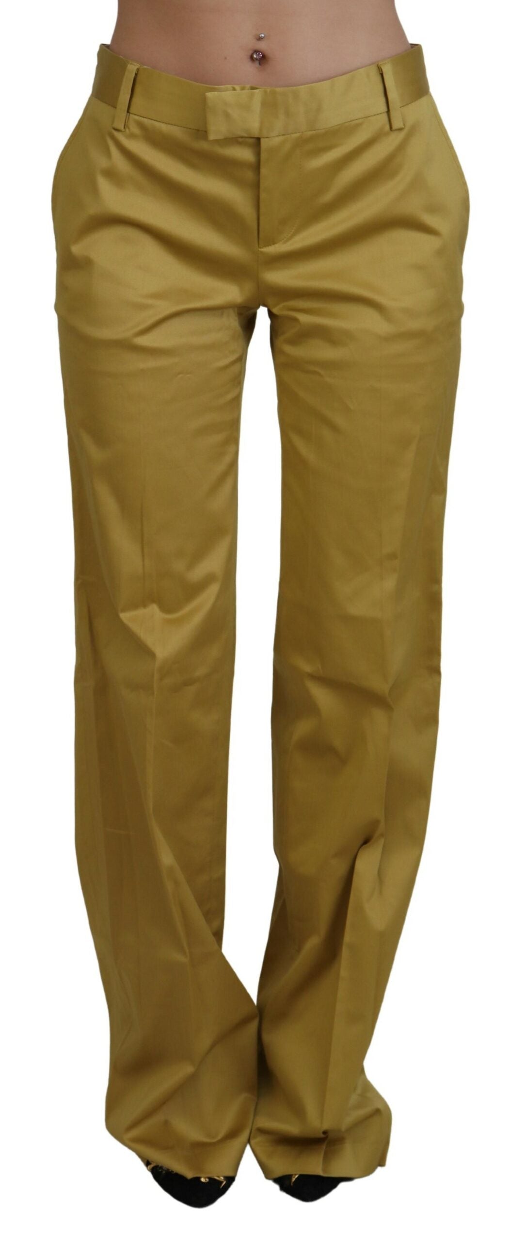 Gold Cotton Mid Waist Women Pants