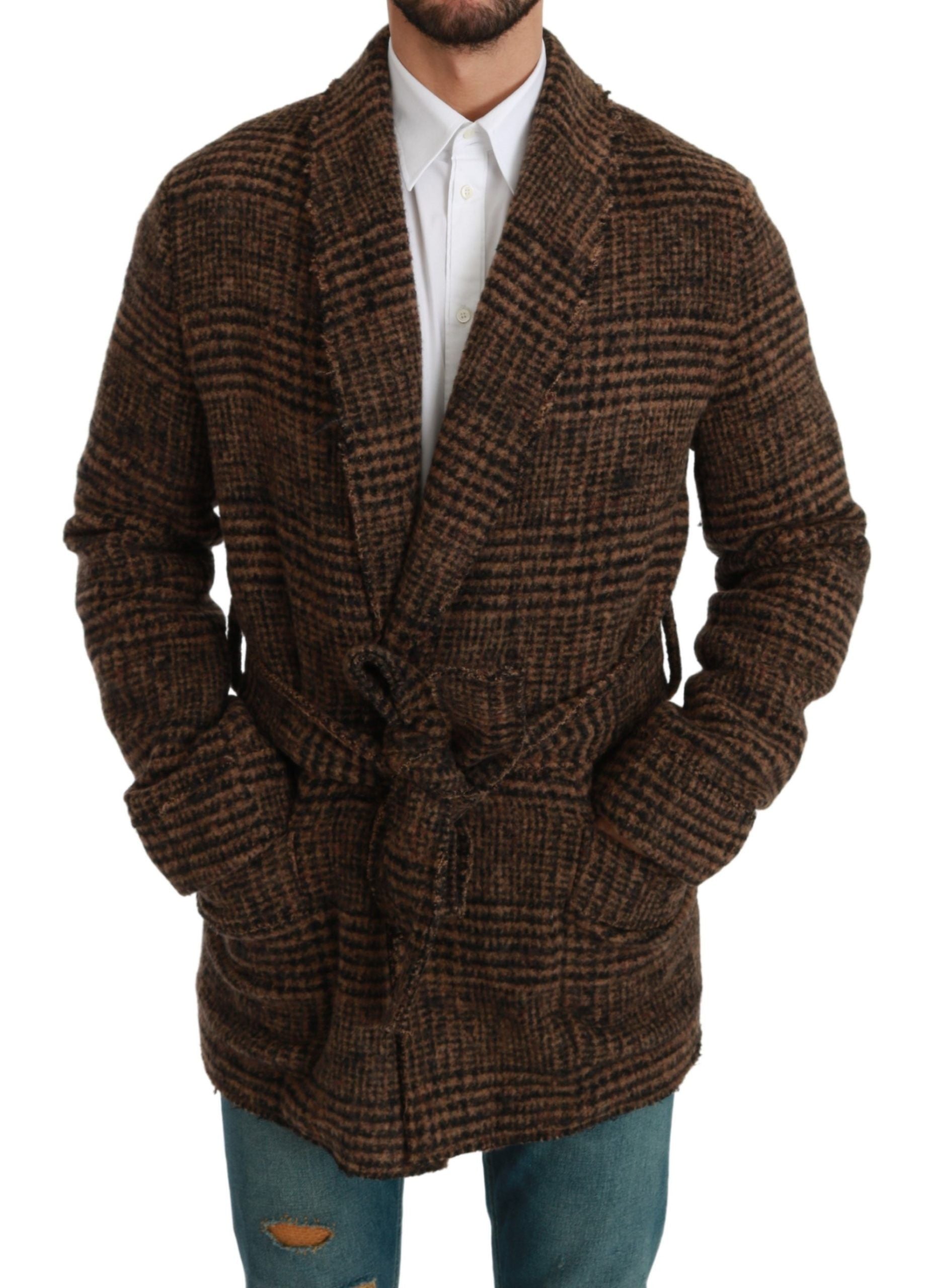 Brown Checkered Wool Robe Coat  Wrap Jacket