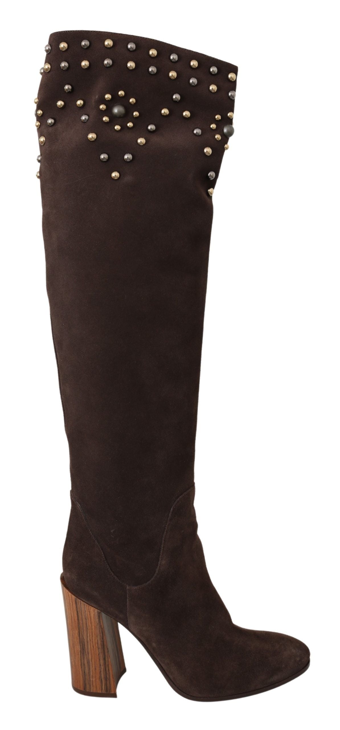 Brown Suede Studded Knee High Shoes Boots