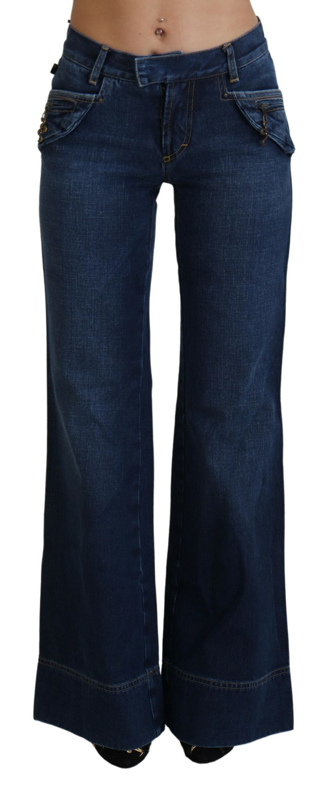 Blue Low Waist Flared Leg Cotton Denim Jeans