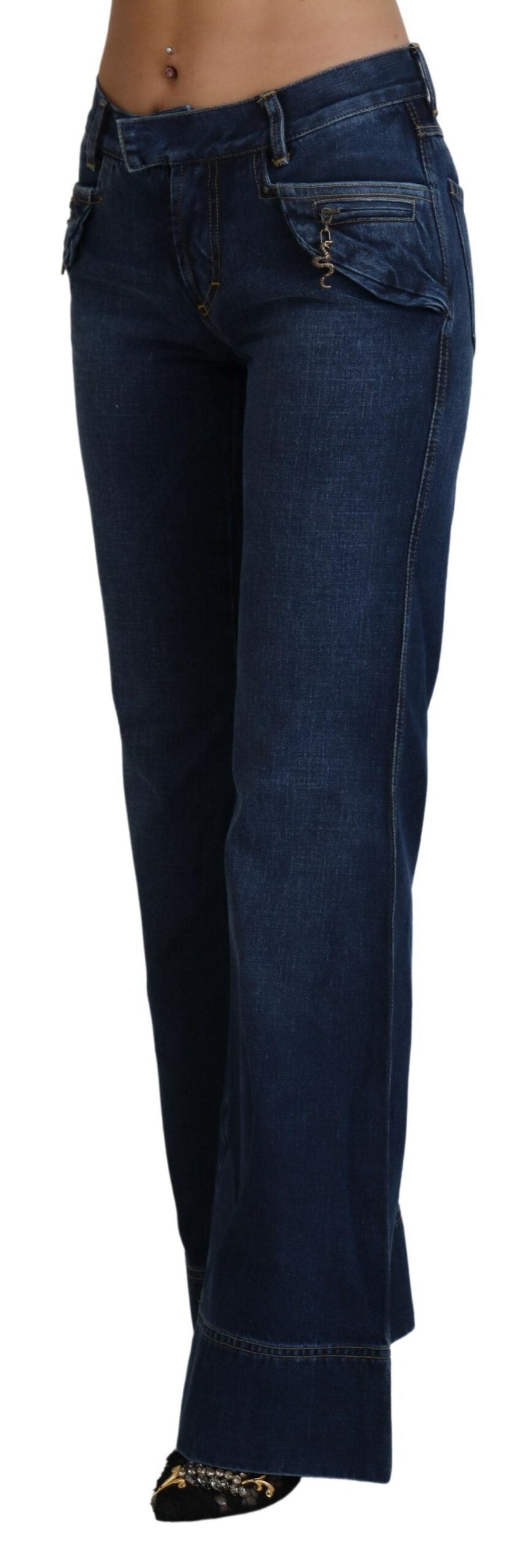 Blue Low Waist Flared Leg Cotton Denim Jeans